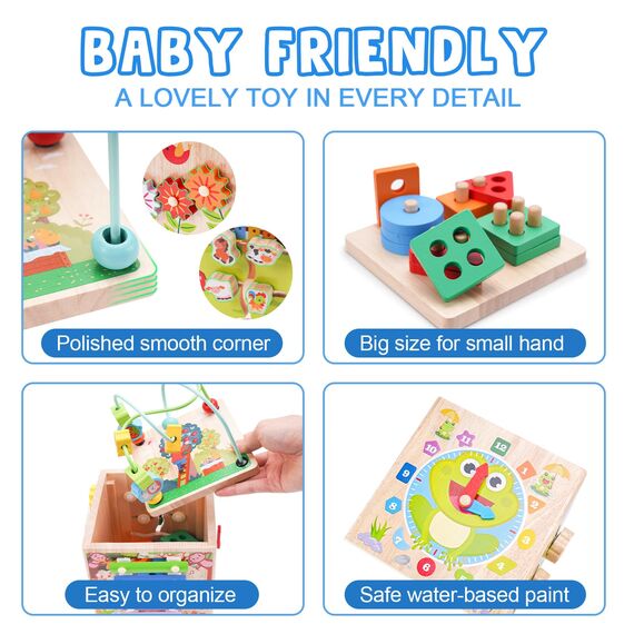 KMTJT Motorikwürfel ab 1 Jahr | Motorikspielzeug ab 1 Jahr | Aktivitätswürfel Steckspiel Holz ab 12 18 Monate Baby | Geschenk Mädchen Jungen | Kinder Montessori Holzspielzeug ab 1 2 3 Jahr (Blau)