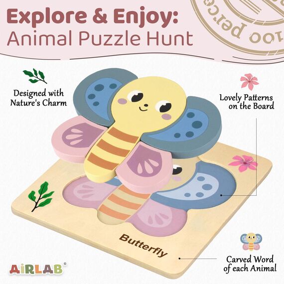 Airlab Montessori Spielzeug Holzpuzzle für Kinder, Holzspielzeug Puzzle ab 1 2 3 Jahre, Baby Steckpuzzle mit Aufbewahrungstasche, 4er-Set Puzzle Lernspielzeug Pädagogisches Spielzeug Geschenk