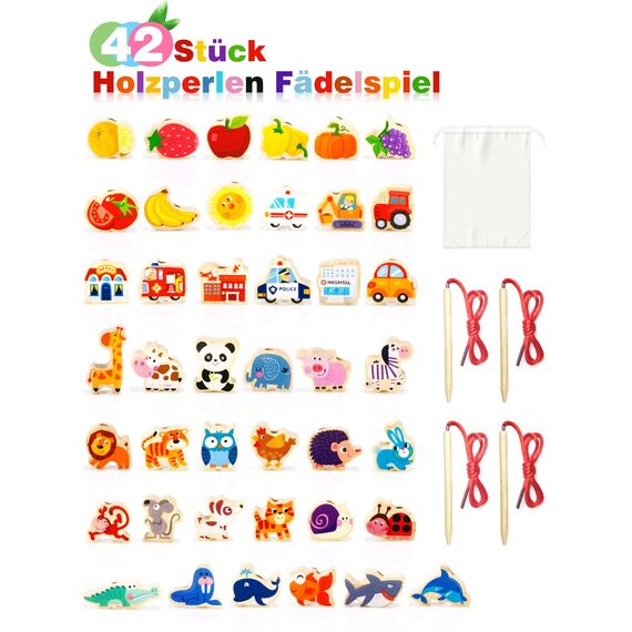 DealKits Fädelspiel ab 2 Jahren, Montessori Spielzeug Lernspiel Holzspielzeug, 42 Stück Holzperlen Fädelperlen zum Auffädeln, Geburtstagsgeschenk für 1-3 Kleinkinder, Adventskalender Füllung