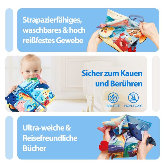 hahaland Baby Spielzeug ab 0 3 6 Monate Babybuch Stoffbuch,3D Meerestiere Thema Stoffbücher Fühlbuch Knisterbuch,Baby Bücher Babyspielzeug ab 0-6 Monate,Quiet Book Weihnachten Geschenk für Neugeborene