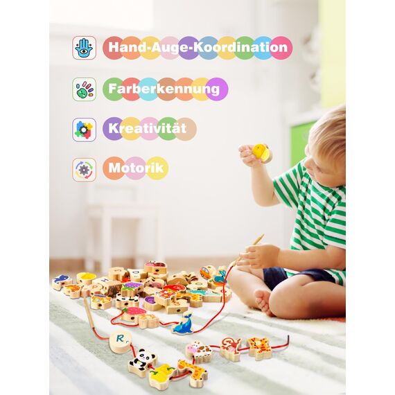 DealKits Fädelspiel ab 2 Jahren, Montessori Spielzeug Lernspiel Holzspielzeug, 42 Stück Holzperlen Fädelperlen zum Auffädeln, Geburtstagsgeschenk für 1-3 Kleinkinder, Adventskalender Füllung