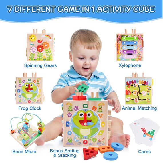 KMTJT Motorikwürfel ab 1 Jahr | Motorikspielzeug ab 1 Jahr | Aktivitätswürfel Steckspiel Holz ab 12 18 Monate Baby | Geschenk Mädchen Jungen | Kinder Montessori Holzspielzeug ab 1 2 3 Jahr (Blau)