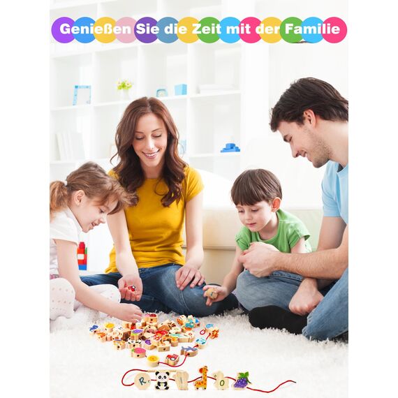 DealKits Fädelspiel ab 2 Jahren, Montessori Spielzeug Lernspiel Holzspielzeug, 42 Stück Holzperlen Fädelperlen zum Auffädeln, Geburtstagsgeschenk für 1-3 Kleinkinder, Adventskalender Füllung