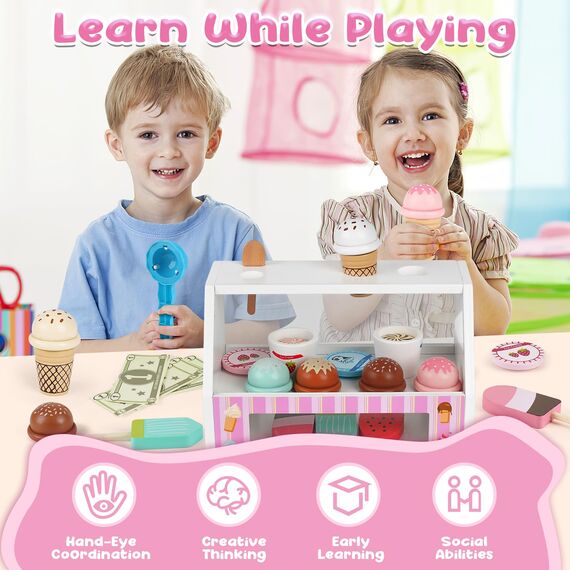 Dreamon Eisdiele Kinder Holz, 38 Stück Kinderküche Zubehör Montessori Spielzeug, EIS Holzspielzeug mit Spielgeld Münze, Kaufladen Rollenspiele Geschenk 3 4 Jahre Mädchen Junge
