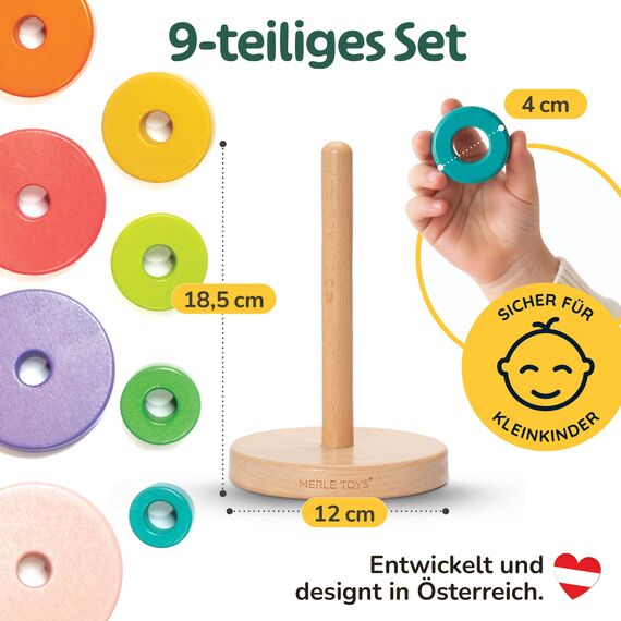 Merle Toys® Stapelturm Holz, 100% FSC-zertifiziertes Holzspielzeug Baby, Stapelturm ab 1 Jahr, Montessori Spielzeug, Stapelspiel ab 1 Jahr, BPA-Frei, Baby Spielzeug aus Holz, 8X Bunte Stapelringe
