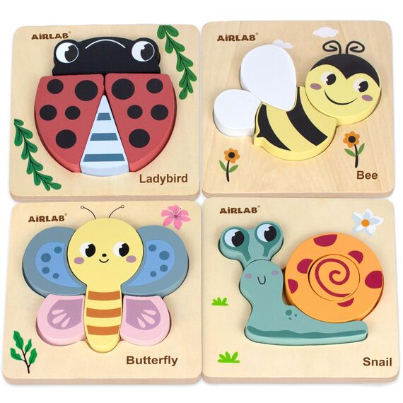 Airlab Montessori Spielzeug Holzpuzzle für Kinder, Holzspielzeug Puzzle ab 1 2 3 Jahre, Baby Steckpuzzle mit Aufbewahrungstasche, 4er-Set Puzzle Lernspielzeug Pädagogisches Spielzeug Geschenk