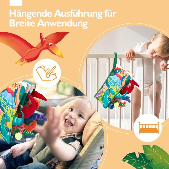hahaland Baby Spielzeug 0 6 Monate Dinosaurier Babybuch, Sensorisches Stoffbuch mit Schwanz,Interaktive Fühlbuch Knisterbuch Babyspielzeug ab 0-6 Monate,Quiet Book Weihnachten Geschenk für Neugeborene