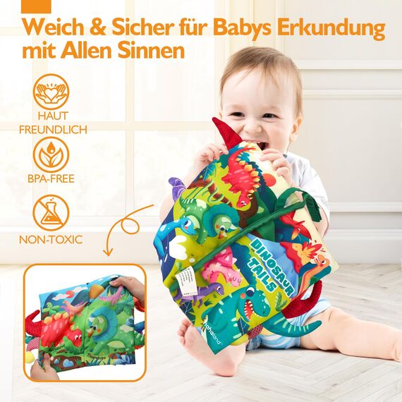 hahaland Baby Spielzeug 0 6 Monate Dinosaurier Babybuch, Sensorisches Stoffbuch mit Schwanz,Interaktive Fühlbuch Knisterbuch Babyspielzeug ab 0-6 Monate,Quiet Book Weihnachten Geschenk für Neugeborene