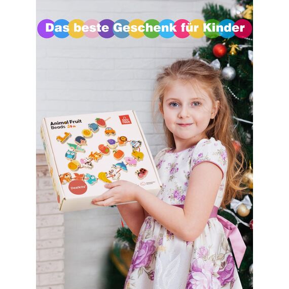 DealKits Fädelspiel ab 2 Jahren, Montessori Spielzeug Lernspiel Holzspielzeug, 42 Stück Holzperlen Fädelperlen zum Auffädeln, Geburtstagsgeschenk für 1-3 Kleinkinder, Adventskalender Füllung