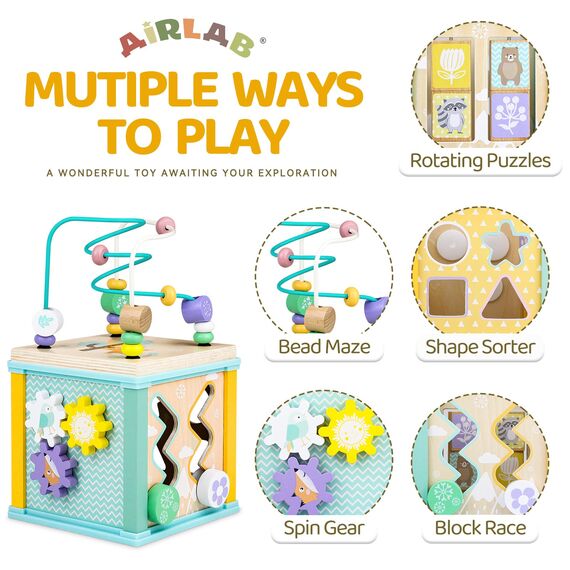Airlab Motorikwürfel Aktivitätswürfel aus Holz, Motorikspielzeug Holzspielzeug ab 1 Jahr, Montessori Activity Center Lernspielzeug Geschenk für Kleinkinder Baby