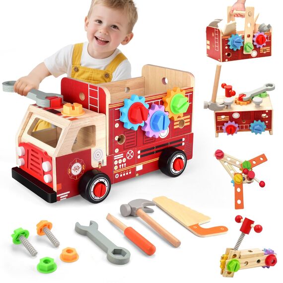 Nauotk Werkzeugkoffer Kinder Werkbank, 2 in 1 Feuerwehrfahrzeug aus Holz und Werkzeug Kinder, Montessori Holzspielzeug Spielzeug ab 2 3 4 5 Jahre, Kinderwerkzeug Werkzeugwagen, Geschenk Junge Mädchen