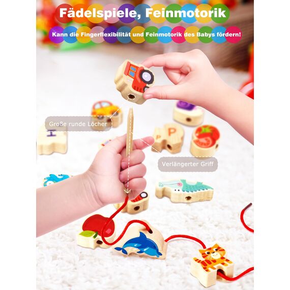 DealKits Fädelspiel ab 2 Jahren, Montessori Spielzeug Lernspiel Holzspielzeug, 42 Stück Holzperlen Fädelperlen zum Auffädeln, Geburtstagsgeschenk für 1-3 Kleinkinder, Adventskalender Füllung
