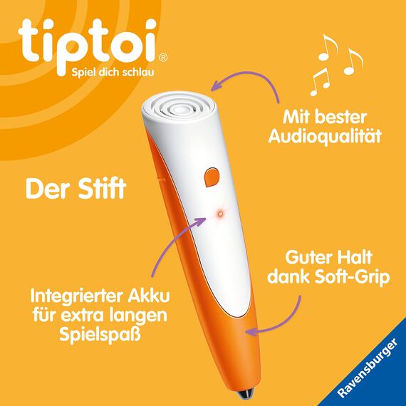 Ravensburger tiptoi Stift und Wörter-Bilderbuch Kindergarten - Lernspielzeug für Kinder ab 3 Jahren - Stylus mit überragender Audioqualität, Akku und Soft-Grip-Hülle - Grün, Orange, Silber - 00113