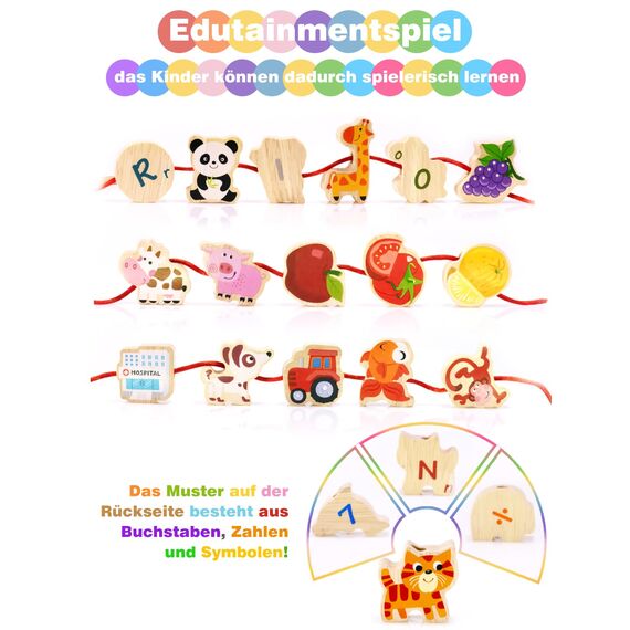 DealKits Fädelspiel ab 2 Jahren, Montessori Spielzeug Lernspiel Holzspielzeug, 42 Stück Holzperlen Fädelperlen zum Auffädeln, Geburtstagsgeschenk für 1-3 Kleinkinder, Adventskalender Füllung