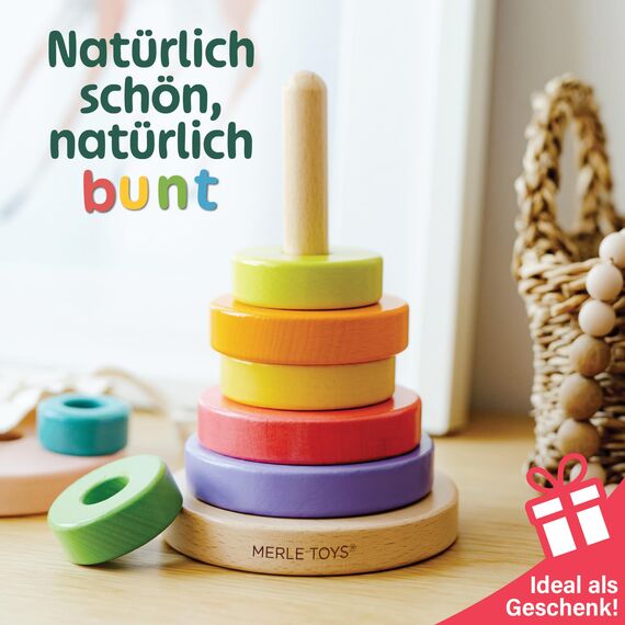 Merle Toys® Stapelturm Holz, 100% FSC-zertifiziertes Holzspielzeug Baby, Stapelturm ab 1 Jahr, Montessori Spielzeug, Stapelspiel ab 1 Jahr, BPA-Frei, Baby Spielzeug aus Holz, 8X Bunte Stapelringe