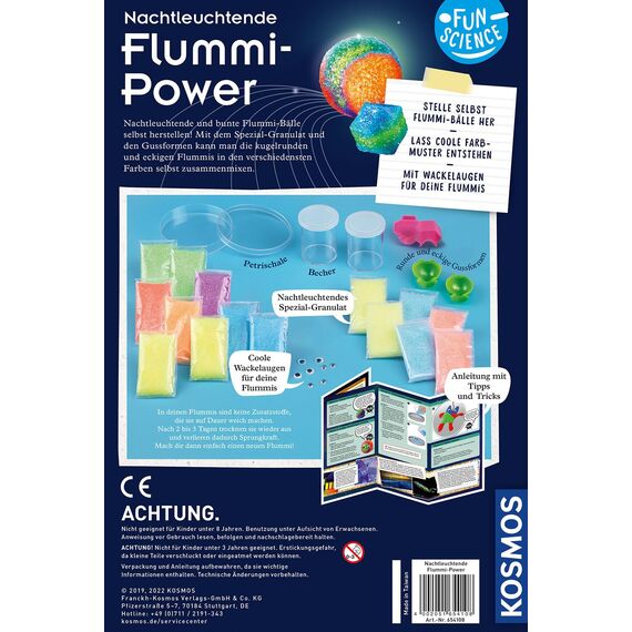 KOSMOS 654108 Fun Science - Nachtleuchtende Flummi-Power, Stelle 20 kunterbunte Power-Bälle her, Experimentierset für Einsteiger, Experimentierkasten, Flummi DIY