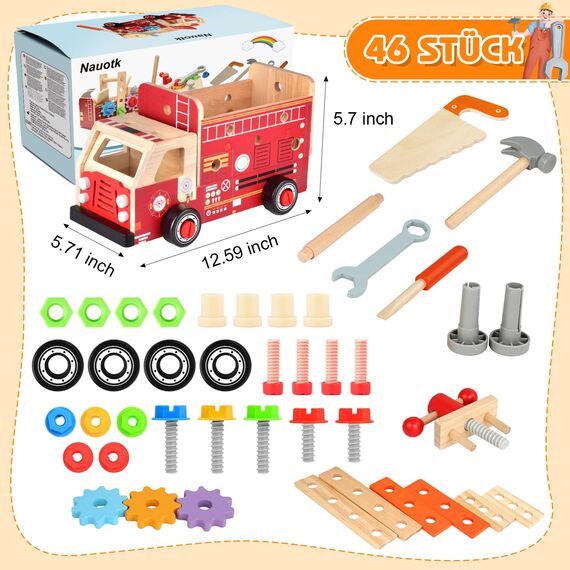 Nauotk Werkzeugkoffer Kinder Werkbank, 2 in 1 Feuerwehrfahrzeug aus Holz und Werkzeug Kinder, Montessori Holzspielzeug Spielzeug ab 2 3 4 5 Jahre, Kinderwerkzeug Werkzeugwagen, Geschenk Junge Mädchen