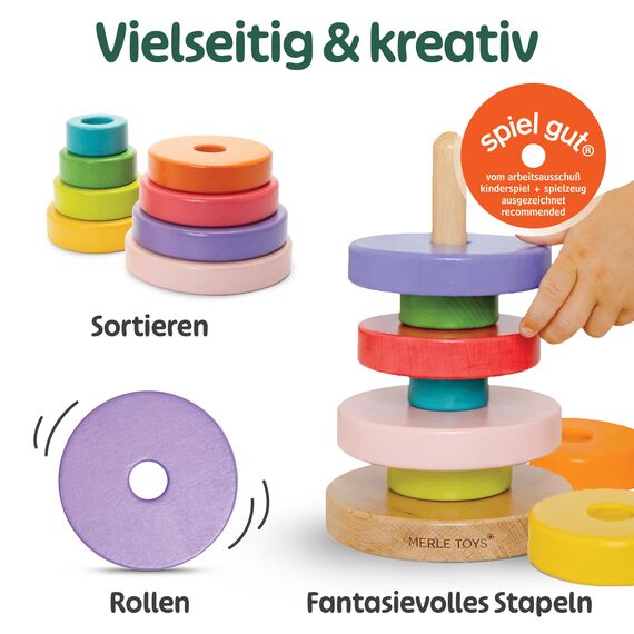 Merle Toys® Stapelturm Holz, 100% FSC-zertifiziertes Holzspielzeug Baby, Stapelturm ab 1 Jahr, Montessori Spielzeug, Stapelspiel ab 1 Jahr, BPA-Frei, Baby Spielzeug aus Holz, 8X Bunte Stapelringe