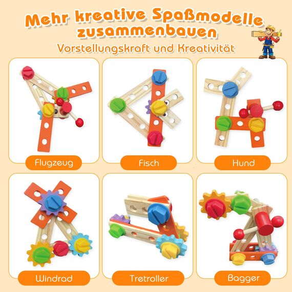 Nauotk Werkzeugkoffer Kinder Werkbank, 2 in 1 Feuerwehrfahrzeug aus Holz und Werkzeug Kinder, Montessori Holzspielzeug Spielzeug ab 2 3 4 5 Jahre, Kinderwerkzeug Werkzeugwagen, Geschenk Junge Mädchen