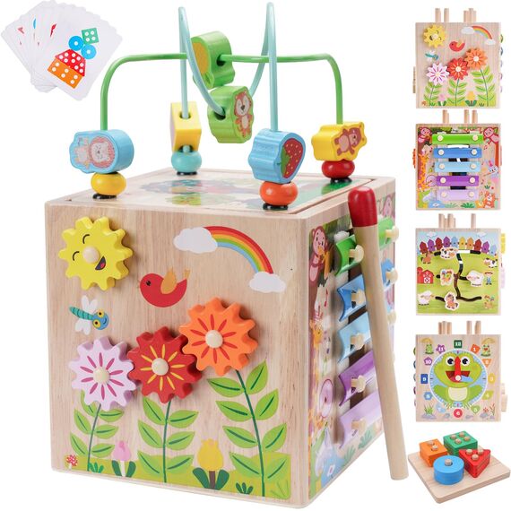 KMTJT Motorikwürfel ab 1 Jahr | Motorikspielzeug ab 1 Jahr | Aktivitätswürfel Steckspiel Holz ab 12 18 Monate Baby | Geschenk Mädchen Jungen | Kinder Montessori Holzspielzeug ab 1 2 3 Jahr (Blau)