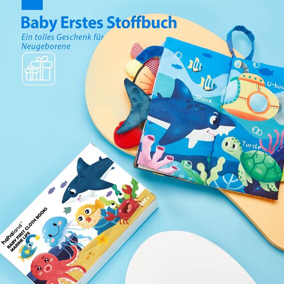 hahaland Baby Spielzeug ab 0 3 6 Monate Babybuch Stoffbuch,3D Meerestiere Thema Stoffbücher Fühlbuch Knisterbuch,Baby Bücher Babyspielzeug ab 0-6 Monate,Quiet Book Weihnachten Geschenk für Neugeborene