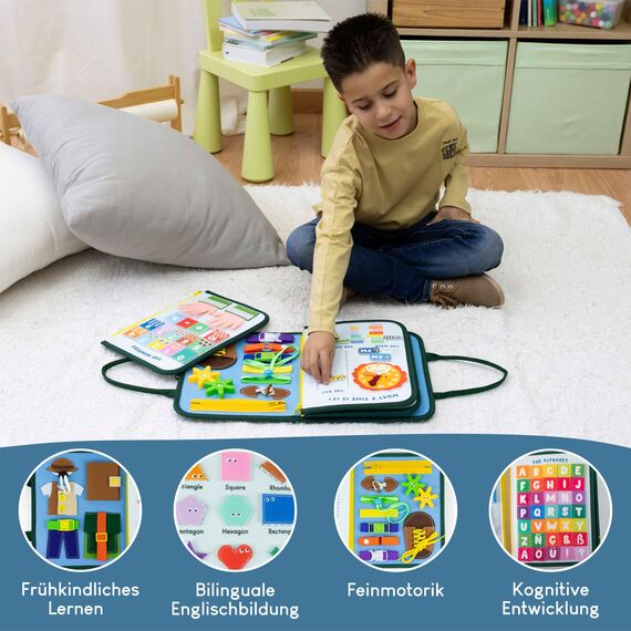 BONNYCO Montessori Busy Board aus Filz, Pädagogisches Montessori Spielzeug. Activity Board Baby Motorikspielzeug, Kinder Geschenke für Jungs Mädchen. Kinder Spielzeug, Geburtstag Weihnachten