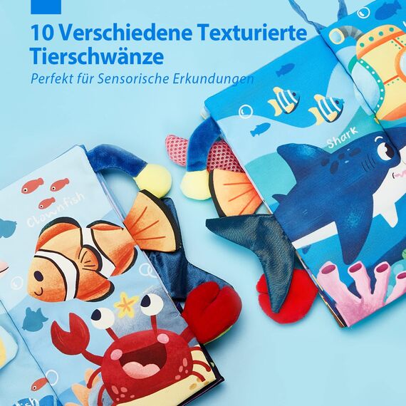 hahaland Baby Spielzeug ab 0 3 6 Monate Babybuch Stoffbuch,3D Meerestiere Thema Stoffbücher Fühlbuch Knisterbuch,Baby Bücher Babyspielzeug ab 0-6 Monate,Quiet Book Weihnachten Geschenk für Neugeborene