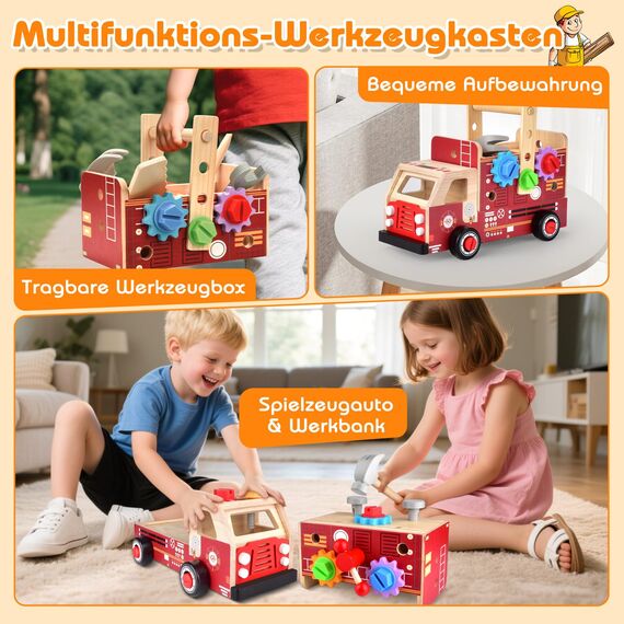 Nauotk Werkzeugkoffer Kinder Werkbank, 2 in 1 Feuerwehrfahrzeug aus Holz und Werkzeug Kinder, Montessori Holzspielzeug Spielzeug ab 2 3 4 5 Jahre, Kinderwerkzeug Werkzeugwagen, Geschenk Junge Mädchen