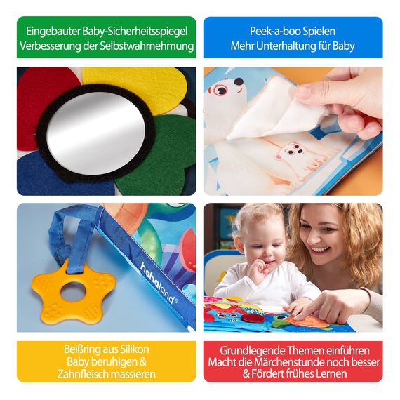 hahaland Baby Spielzeug 0-6 Monate Stoffbuch 2 Stück,Tierschwänze Interaktive Fühlbuch Knisterbuch,Sensorisches Babybuch mit Spiegel Rassel,Weichen Stoff Bücher für Neugeborene Weihnachten Geschenk