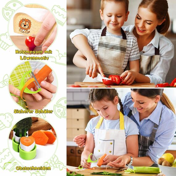 LETTO & TAILOR 13 teiliges Kindermesser Set Kinder Sicherheit Küchenmesser mit Gemüse Ausstechformen, Holzmesser, Schneidebrett - für Kinder ab 3 Jahren (13-teiliges Löwenset)