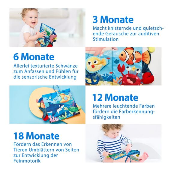 hahaland Baby Spielzeug ab 0 3 6 Monate Babybuch Stoffbuch,3D Meerestiere Thema Stoffbücher Fühlbuch Knisterbuch,Baby Bücher Babyspielzeug ab 0-6 Monate,Quiet Book Weihnachten Geschenk für Neugeborene