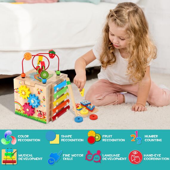 HELLOWOOD Motorikwürfel Aktivitätswürfel aus Holz 8 in 1 Motorikspielzeug mit Stapel- und Sortierbrett Wort Karten(Auf Englisch) Montessori Lernspielzeug für Kleinkinder Baby ab 18 Monaten