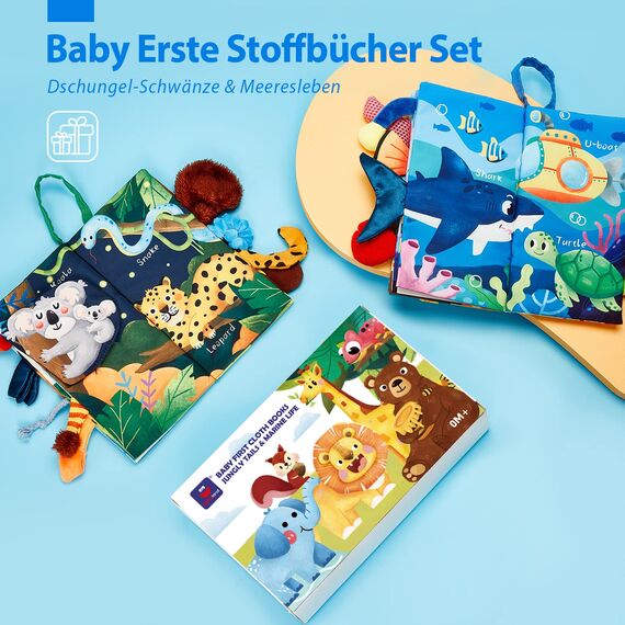 hahaland Babybuch Stoffbuch 2 Stück,Baby Spielzeug ab 0 3 6 Monate,3D Wald & Meerestier Muster Fühlbuch Knisterbuch,Quiet Book für Kinderwagen,Neugeborene Weihnachten Geschenk für Baby Jungen Mädchen