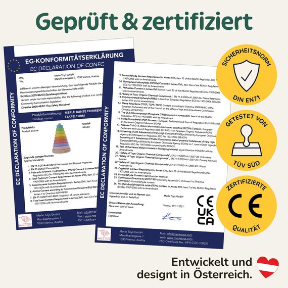 Merle Toys® Stapelturm Holz, 100% FSC-zertifiziertes Holzspielzeug Baby, Stapelturm ab 1 Jahr, Montessori Spielzeug, Stapelspiel ab 1 Jahr, BPA-Frei, Baby Spielzeug aus Holz, 8X Bunte Stapelringe