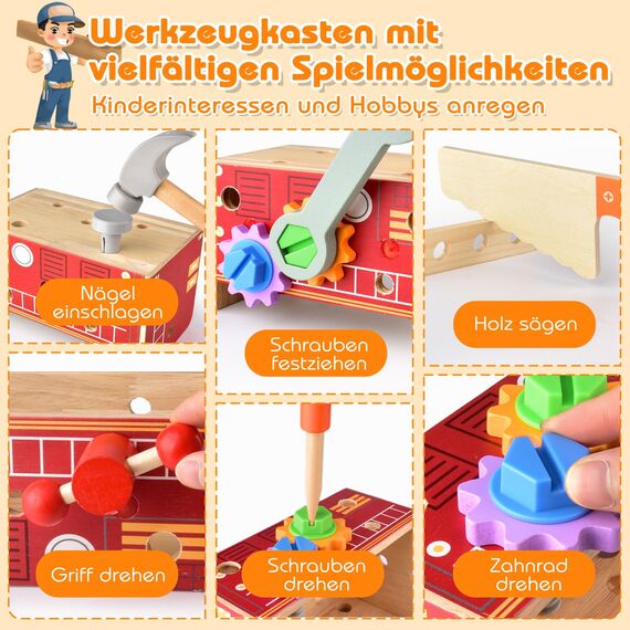 Nauotk Werkzeugkoffer Kinder Werkbank, 2 in 1 Feuerwehrfahrzeug aus Holz und Werkzeug Kinder, Montessori Holzspielzeug Spielzeug ab 2 3 4 5 Jahre, Kinderwerkzeug Werkzeugwagen, Geschenk Junge Mädchen
