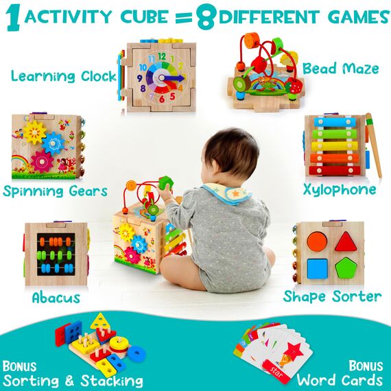 HELLOWOOD 8 in 1 Motorikwürfel ab 1 Jahr Aktivitätswürfel Stapel- und Sortierbrett Wort Karten(Auf Englisch) Motorikspielzeug Baby Montessori Spielzeug Geschenk für Kinder