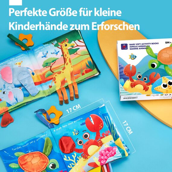 hahaland Baby Spielzeug 0-6 Monate Stoffbuch 2 Stück,Tierschwänze Interaktive Fühlbuch Knisterbuch,Sensorisches Babybuch mit Spiegel Rassel,Weichen Stoff Bücher für Neugeborene Weihnachten Geschenk