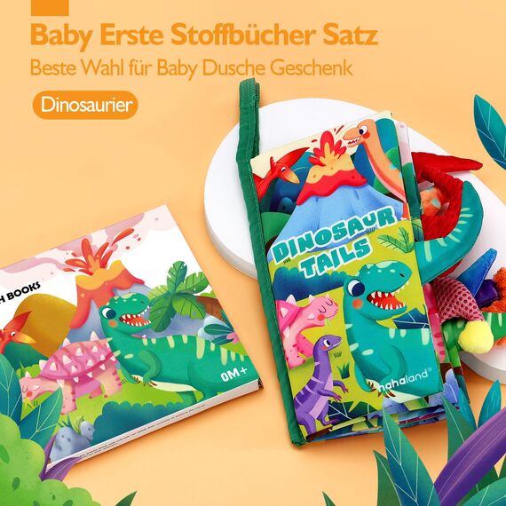 hahaland Baby Spielzeug 0 6 Monate Dinosaurier Babybuch, Sensorisches Stoffbuch mit Schwanz,Interaktive Fühlbuch Knisterbuch Babyspielzeug ab 0-6 Monate,Quiet Book Weihnachten Geschenk für Neugeborene