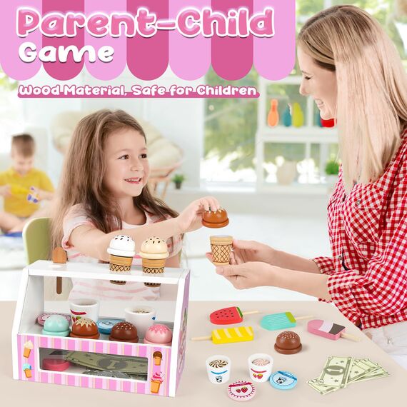Dreamon Eisdiele Kinder Holz, 38 Stück Kinderküche Zubehör Montessori Spielzeug, EIS Holzspielzeug mit Spielgeld Münze, Kaufladen Rollenspiele Geschenk 3 4 Jahre Mädchen Junge