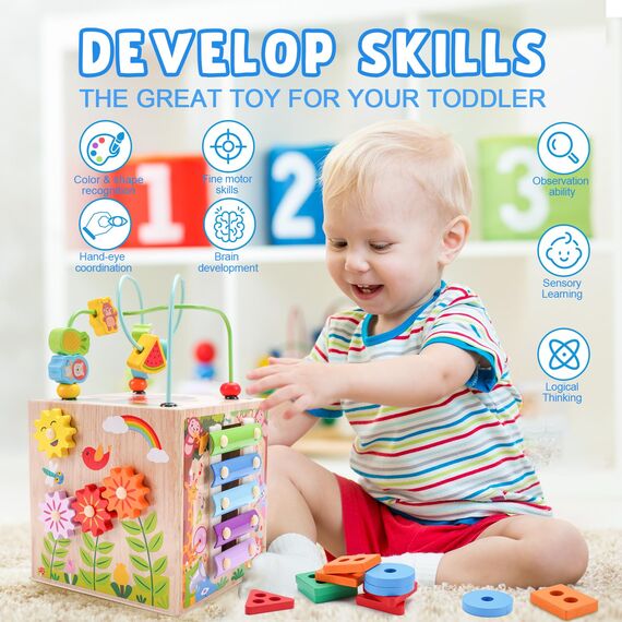 KMTJT Motorikwürfel ab 1 Jahr | Motorikspielzeug ab 1 Jahr | Aktivitätswürfel Steckspiel Holz ab 12 18 Monate Baby | Geschenk Mädchen Jungen | Kinder Montessori Holzspielzeug ab 1 2 3 Jahr (Blau)