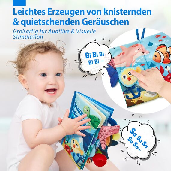 hahaland Baby Spielzeug ab 0 3 6 Monate Babybuch Stoffbuch,3D Meerestiere Thema Stoffbücher Fühlbuch Knisterbuch,Baby Bücher Babyspielzeug ab 0-6 Monate,Quiet Book Weihnachten Geschenk für Neugeborene