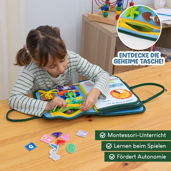 BONNYCO Montessori Busy Board aus Filz, Pädagogisches Montessori Spielzeug. Activity Board Baby Motorikspielzeug, Kinder Geschenke für Jungs Mädchen. Kinder Spielzeug, Geburtstag Weihnachten