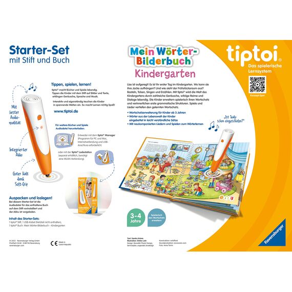 Ravensburger tiptoi Stift und Wörter-Bilderbuch Kindergarten - Lernspielzeug für Kinder ab 3 Jahren - Stylus mit überragender Audioqualität, Akku und Soft-Grip-Hülle - Grün, Orange, Silber - 00113
