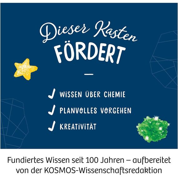 KOSMOS 645601 Kristalle züchten - Lass faszinierende Kristalle wachsen - Komplett-Set, glitzernde Blitzkristalle, Schatztruhe, Deko, Experimentierkasten - Kinder ab 10-14 Jahre