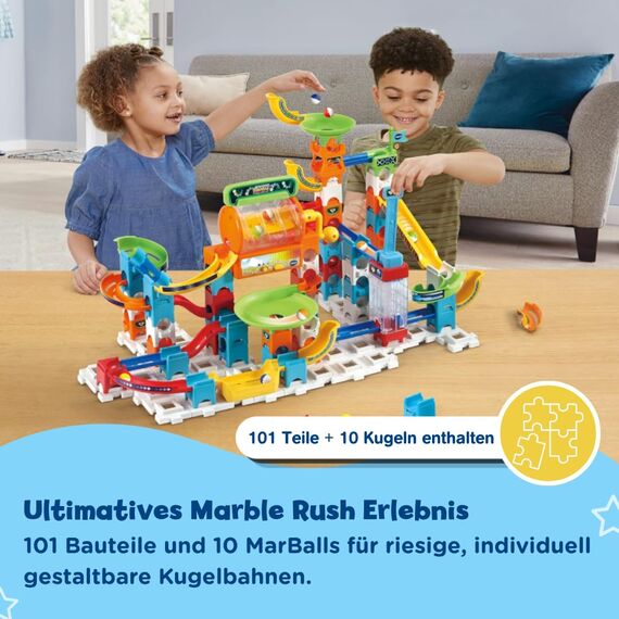 VTech Marble Rush - Super Action Set L100 E - Interaktives Kugelbahn-Set mit Licht und Sound, spannenden Bahnelementen, Aufbaumöglichkeiten und Wegführungen - Für Kinder von 4-12 Jahren