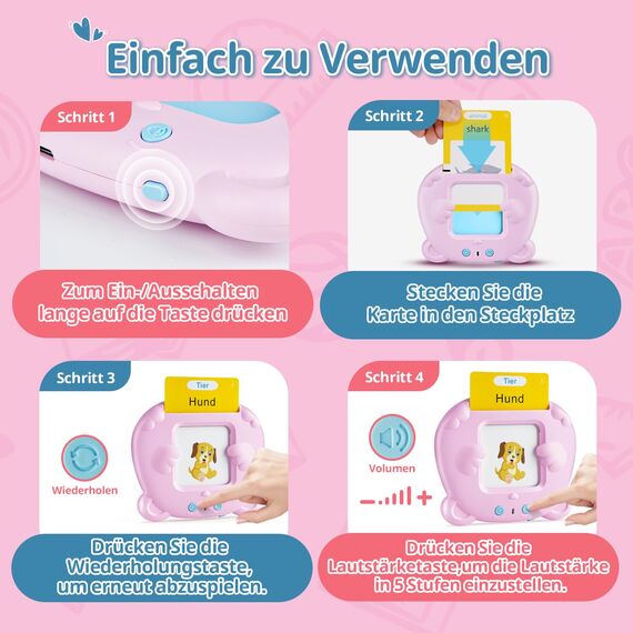 AHJ Sprechende Lernkarten Deutsch, 112 Blätter 224 Wörter, Flash Karten, Interaktives Sprachspiele Deutsch für Kinder ab 2-6 Jahr, Interaktives Lernkarten für Kinder -Rosa