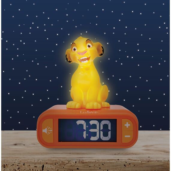 Lexibook, Disney Der König der Löwen, Simba Nachtlichtwecker, Klänge und Melodien, LCD-Bildschirm mit Hintergrundbeleuchtung, Beleuchtung, Schlummerfunktion, gelb/orange, RL800AN