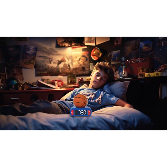 Lexibook, Basketball, Basketball-Nachtlichtwecker, Töne und Melodien, LCD-Bildschirm mit Hintergrundbeleuchtung, beleuchtet, Snooze, blau/orange, RL800BALXB