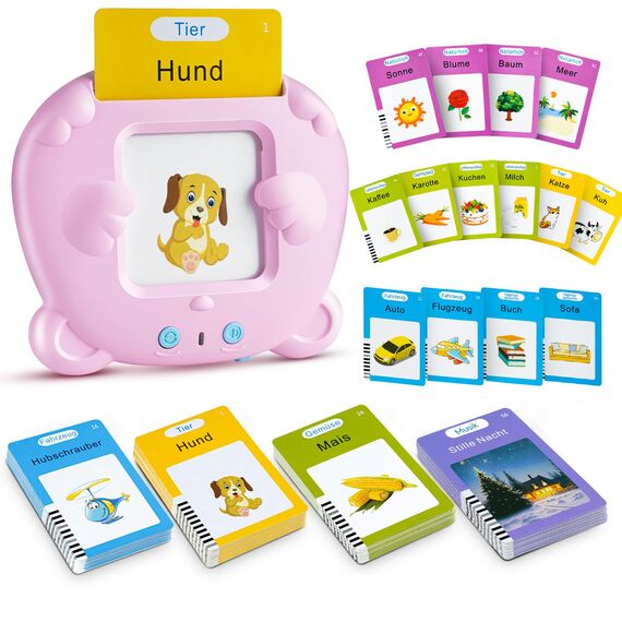 AHJ Sprechende Lernkarten Deutsch, 112 Blätter 224 Wörter, Flash Karten, Interaktives Sprachspiele Deutsch für Kinder ab 2-6 Jahr, Interaktives Lernkarten für Kinder -Rosa