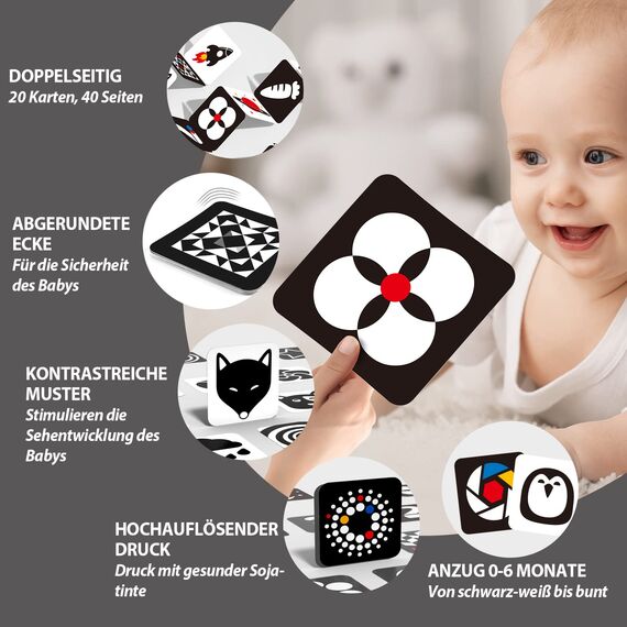 Hahaland Kontrastkarten Baby Spielzeug ab 0 3 6 Monate, 20 Karten, Schwarz Weiß Flash Karten, Kontrast Spielzeug für Neugeborenen, Visual Stimulus Lernkarten,Baby Geschenk Geburt, 5.9″x 5.9″